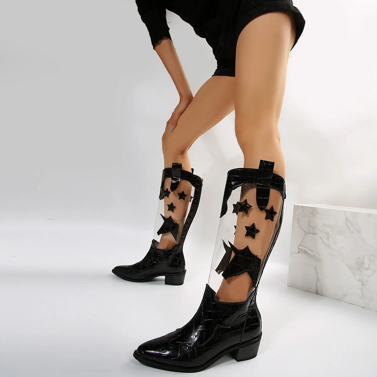 

2023 Winter Hot Sales Shoes for Women Pointed PVC Splicing Big Yards Chunky Heel Knee Boots Zips Western Boots Fashion Botas 43