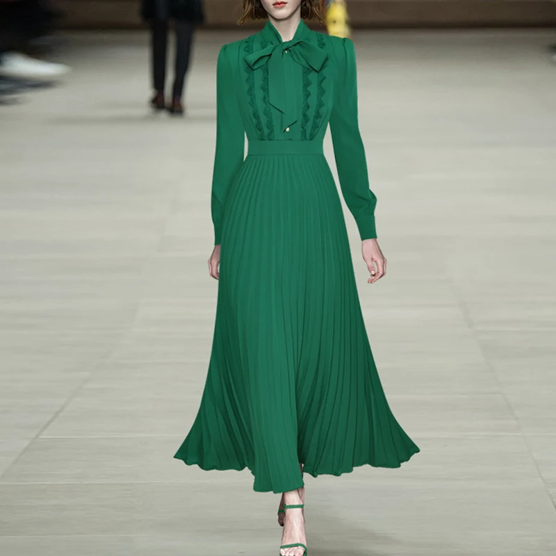 Runway Designer Elegant Bow Long Sleeve Pleated Maxi Dresses 2023 Women