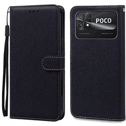 Leather Wallet Flip Phone Case - Premium Protective Cover and Stylish Shell for POCO C40 (Black)