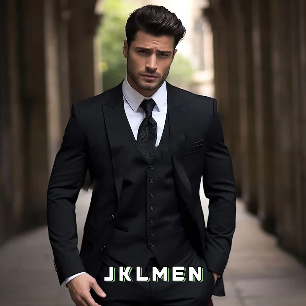 2024 Black Men Suits Costume Homme Elegant 3 Piece Jacket Pants Vest Set Wedding Prom Party Outfits Blazer Slim Fit High Quality