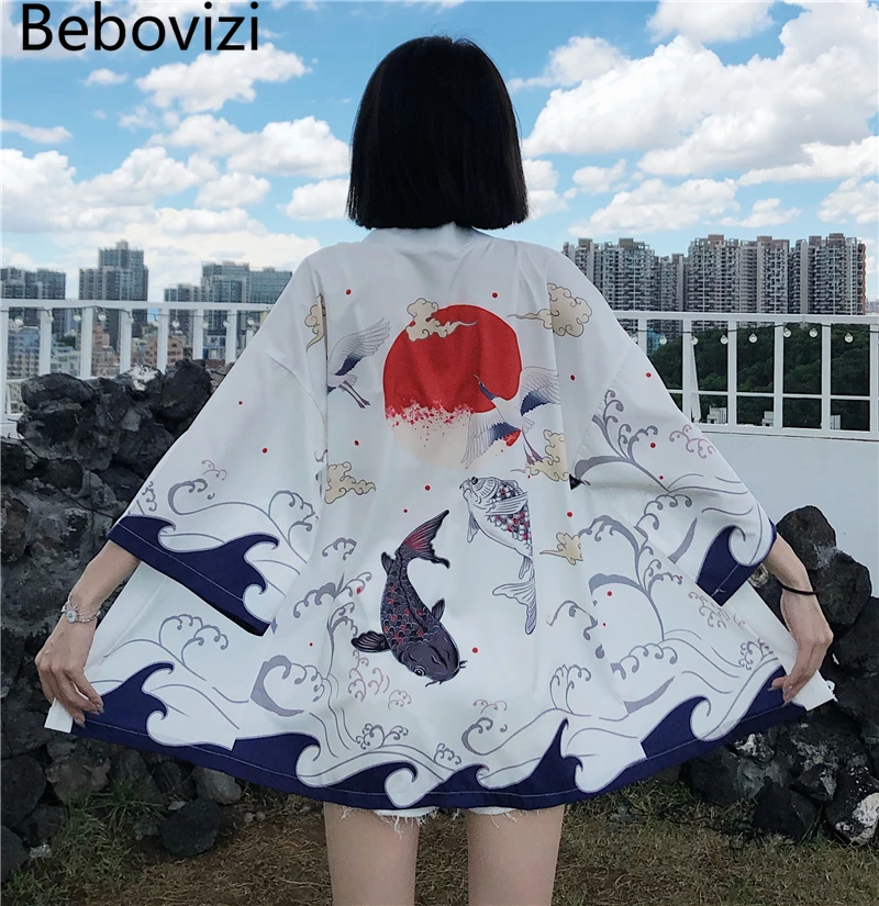 Bebovizi Japanese Fish Print Kimono Cardigan Harajuku Traditional Women Cosplay Yukata Female Obi Black Streetwear Haori Beach