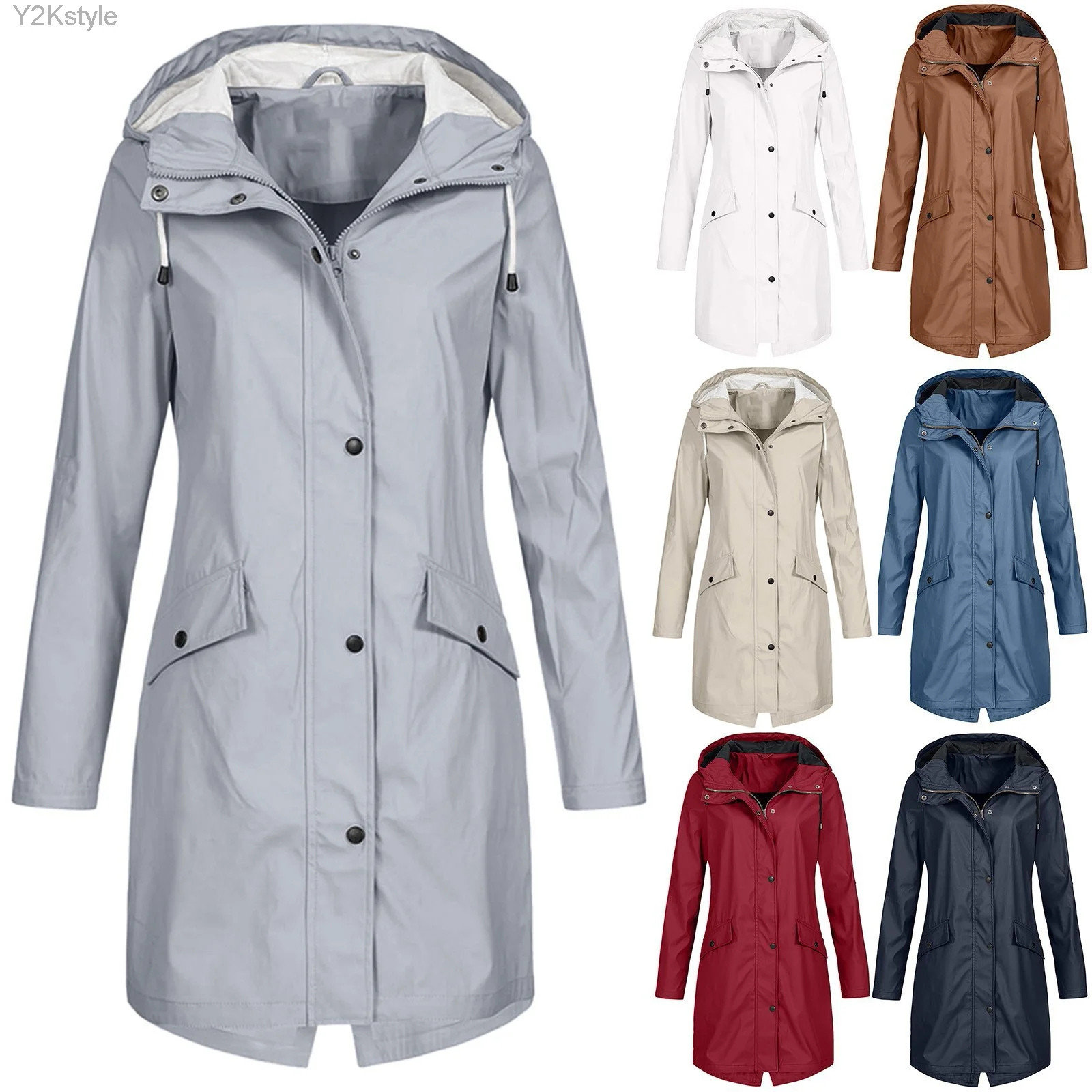 Fashion Women's Solid Trench Outdoor Windproof Long Sleeve Hooded Raincoat Windproof Long Jacket Raincoat Casaco