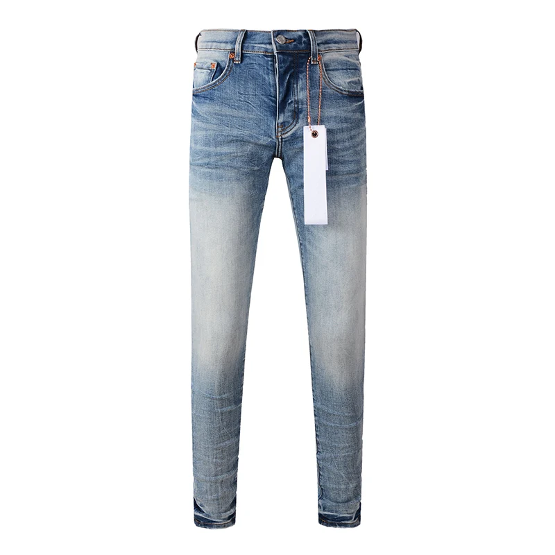 American Fashion High Street Style Light Blue Distressed Skinny Button Fly Slim Fit Ripped Jeans