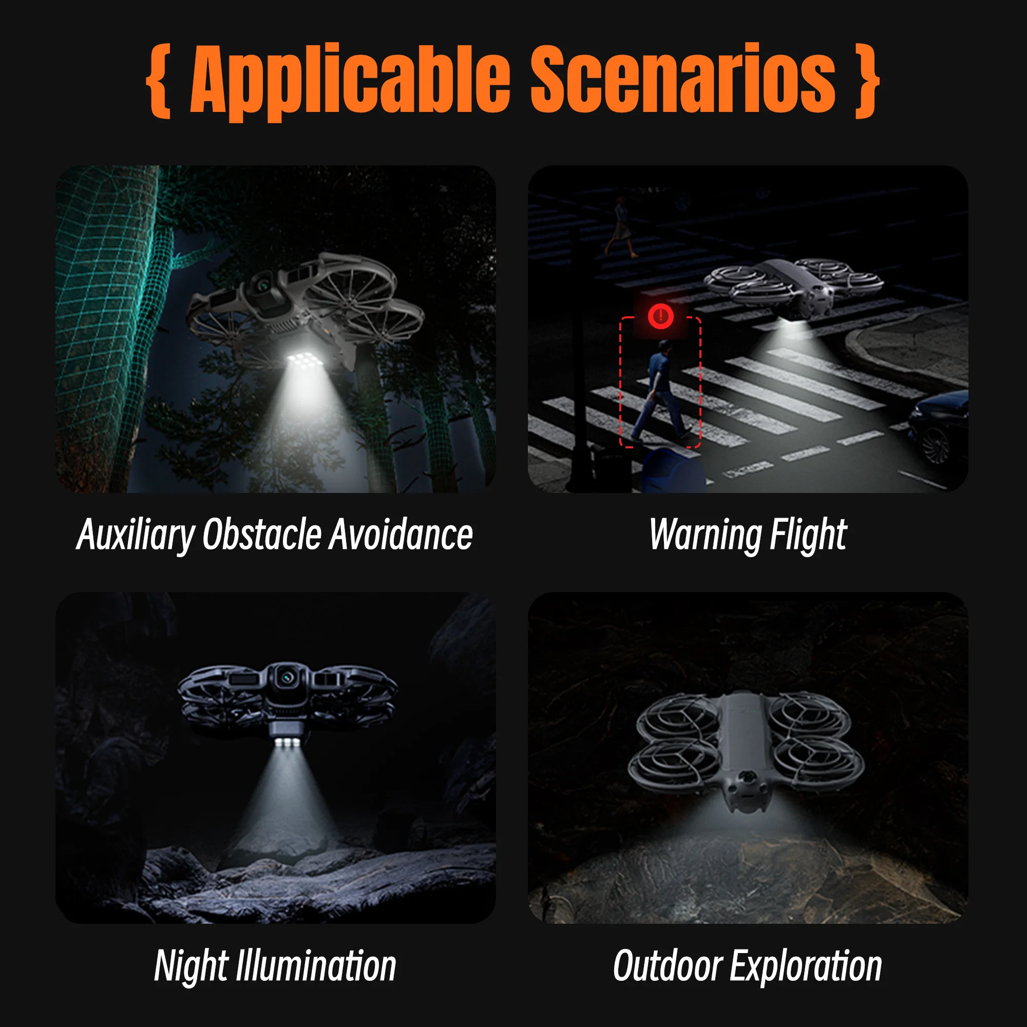 Drone DJI NEO2 équipé du train d'atterrissage LED en vol de nuit