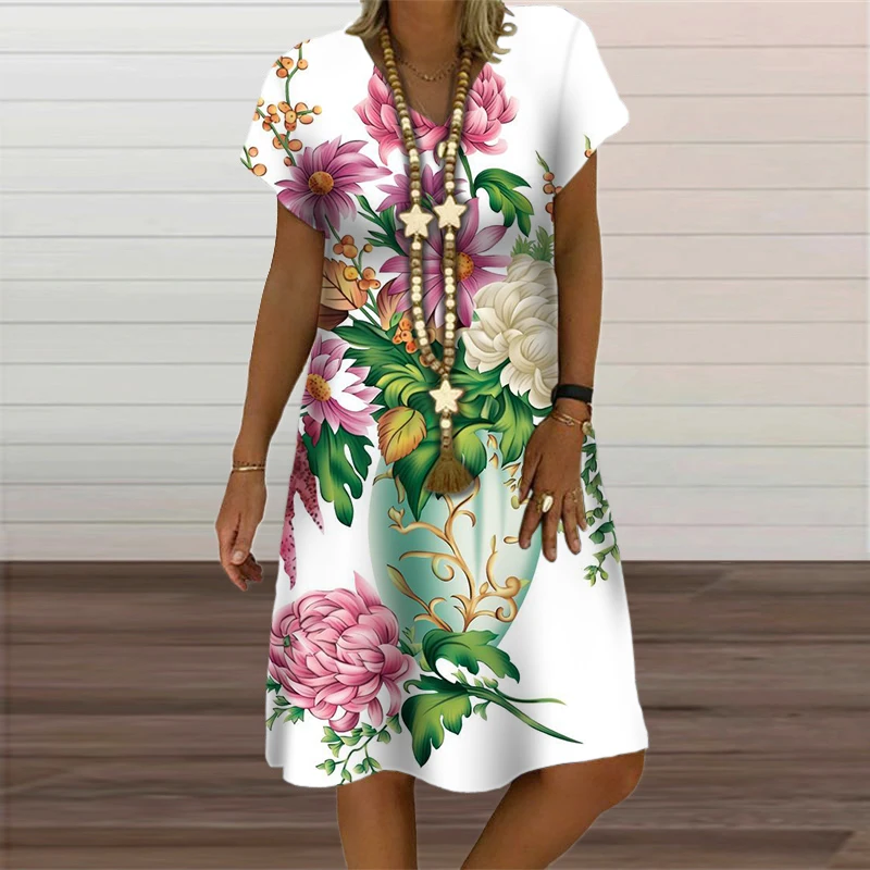 2023 New Women Dresses Summer Fashion Short Sleeve Flower Print
