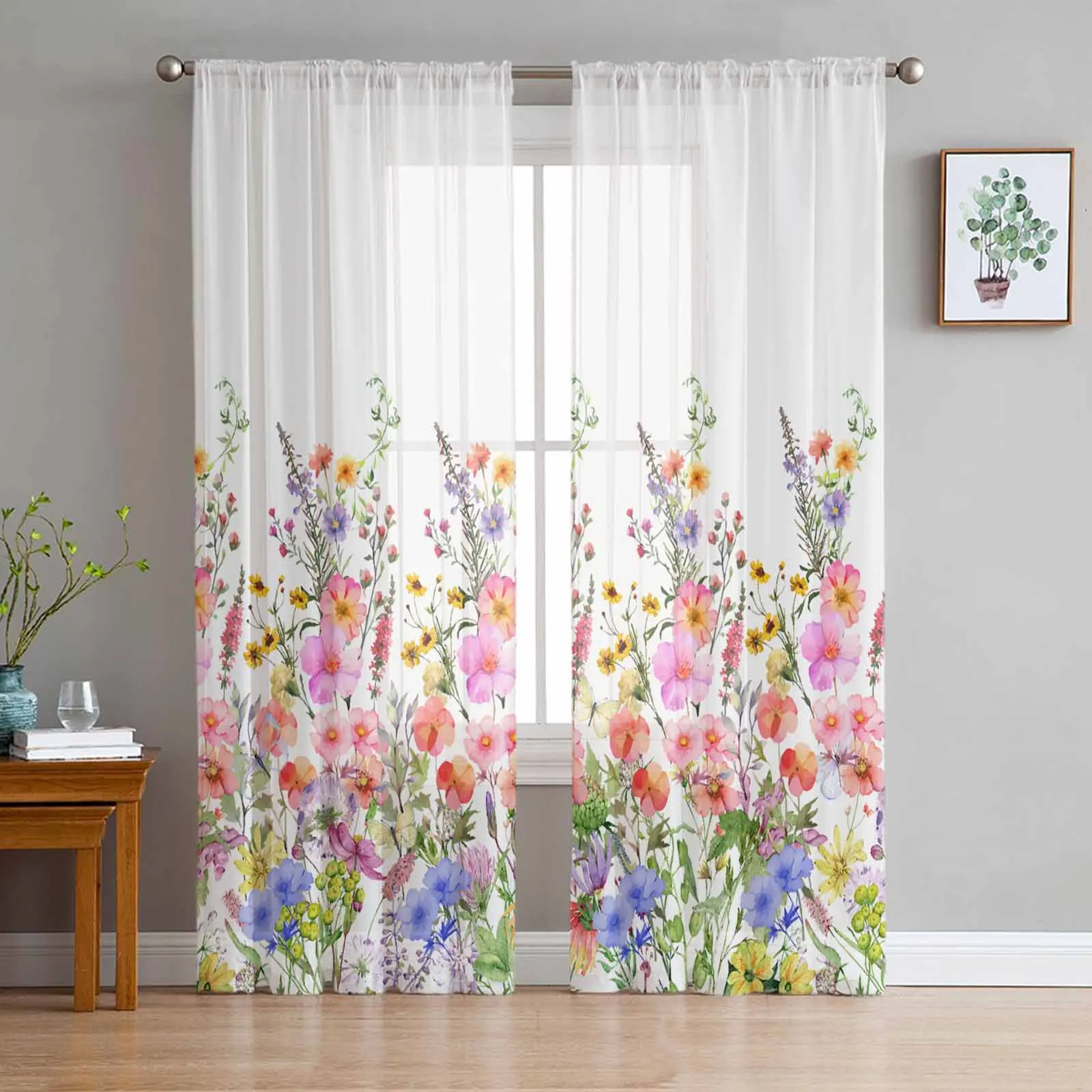 

Flower Watercolor Hand-Painted Sheer Curtain Living Room Drapes Home Bedroom Voile Curtain Tulle Window Curtain