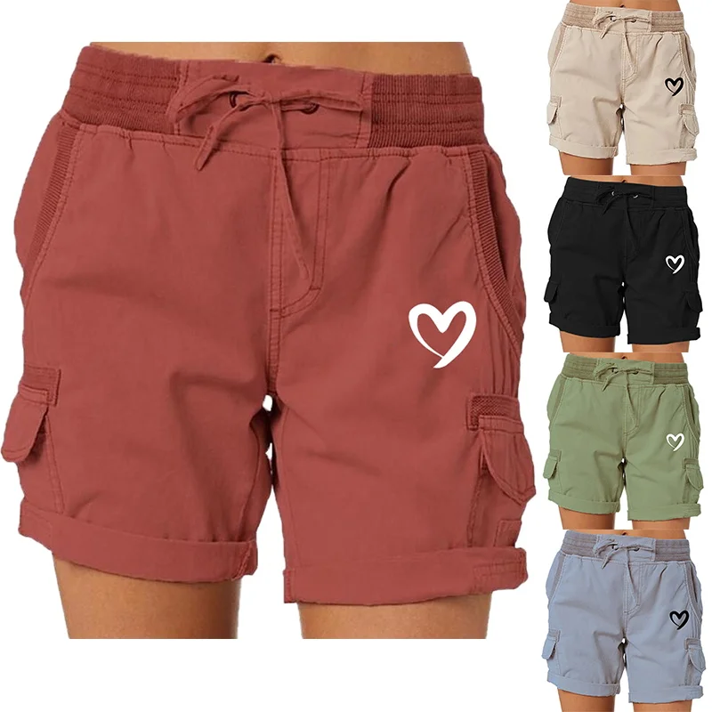 

Summer Female Short Pants Elastic Waist Drawstring Loose Women A-Line Cargo Shorts Casual Daily Comfortable Solid Color Homewear