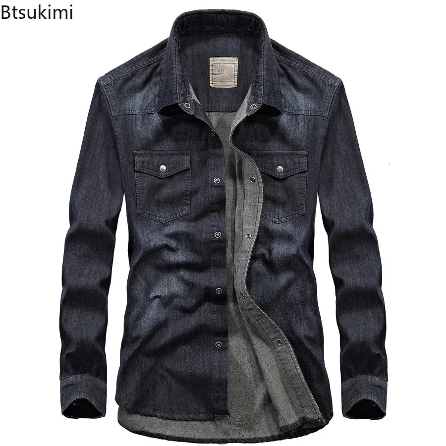 Men's Denim Jeans Shirt Long Sleeve 100% Cotton Casual Jean Shirt Top Male Shirts Plus Size 4XL