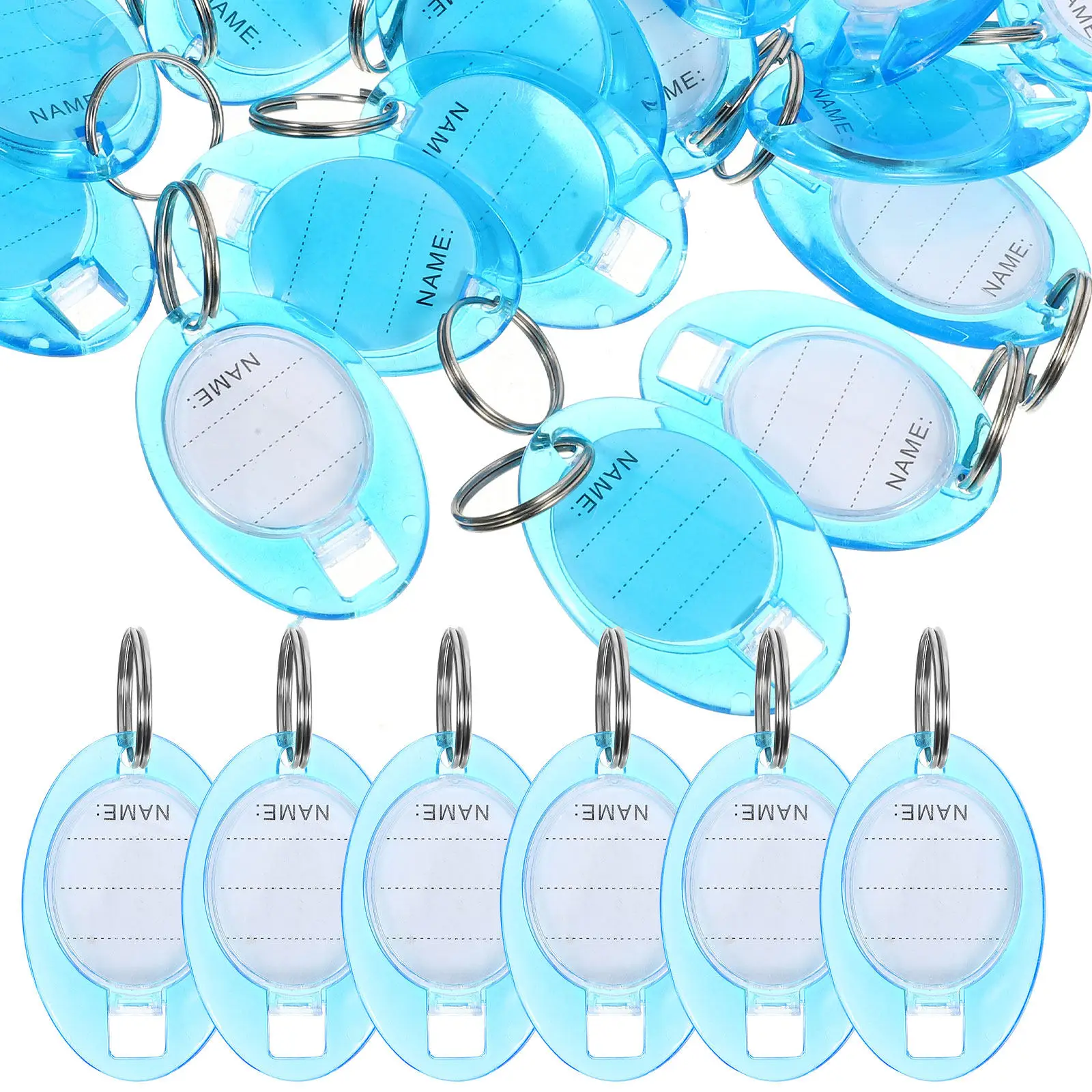 50개 키 홀더 라벨 태그 플라스틱 하늘색 쓰기 가능 키체인 체인 포함