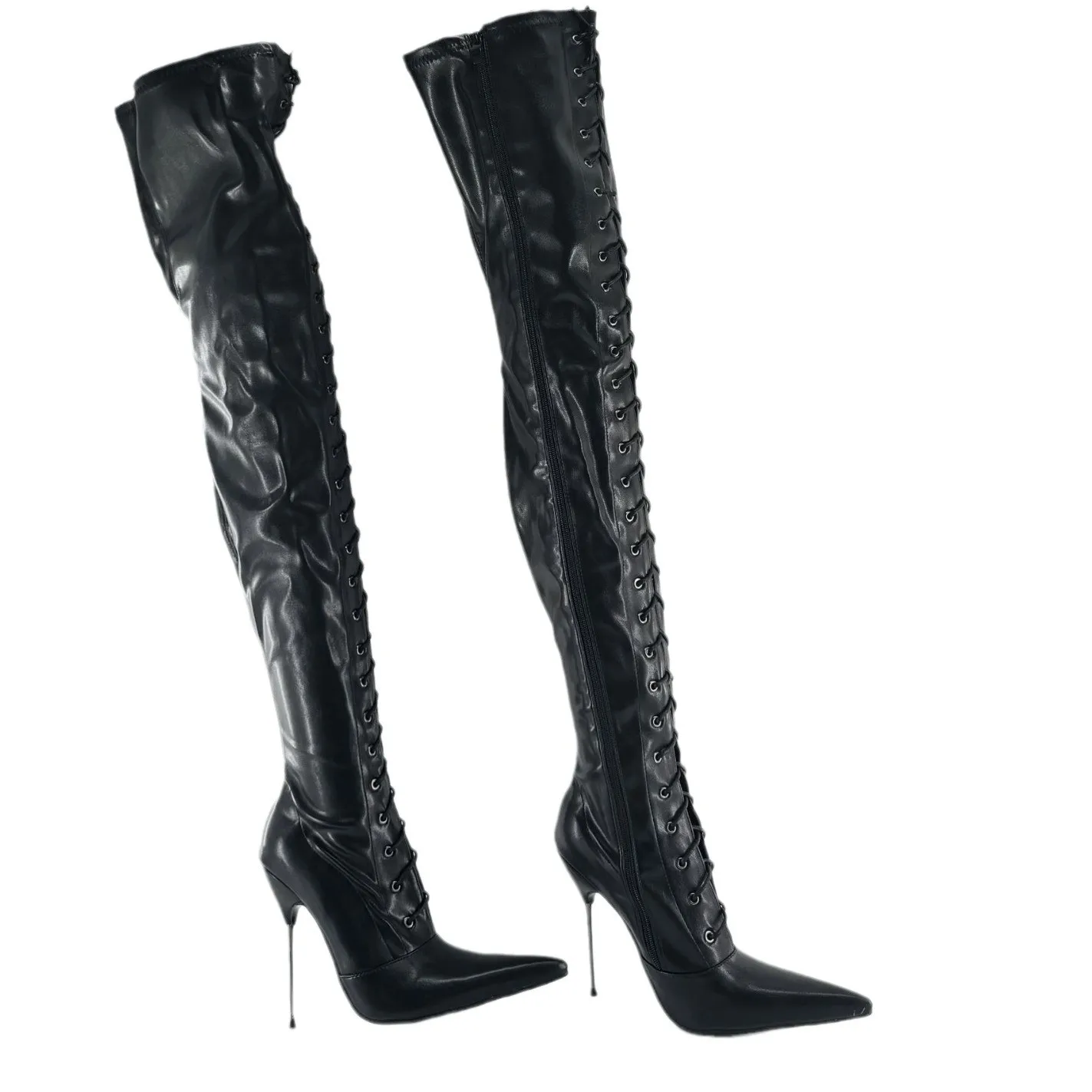 European and n sexy long pointed high-heeled over-the-knee boots shiny thin-heeled thigh boots steel pipe dancing shoes large si