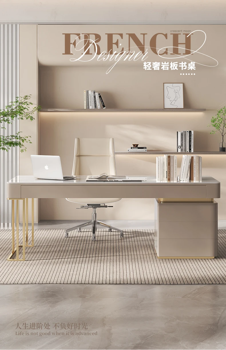 Italian Style Glossy Rock Slab Office Desk Designer Nordic Light Luxury Office Desk Simple Modern Writing Desk Luxury Furniture