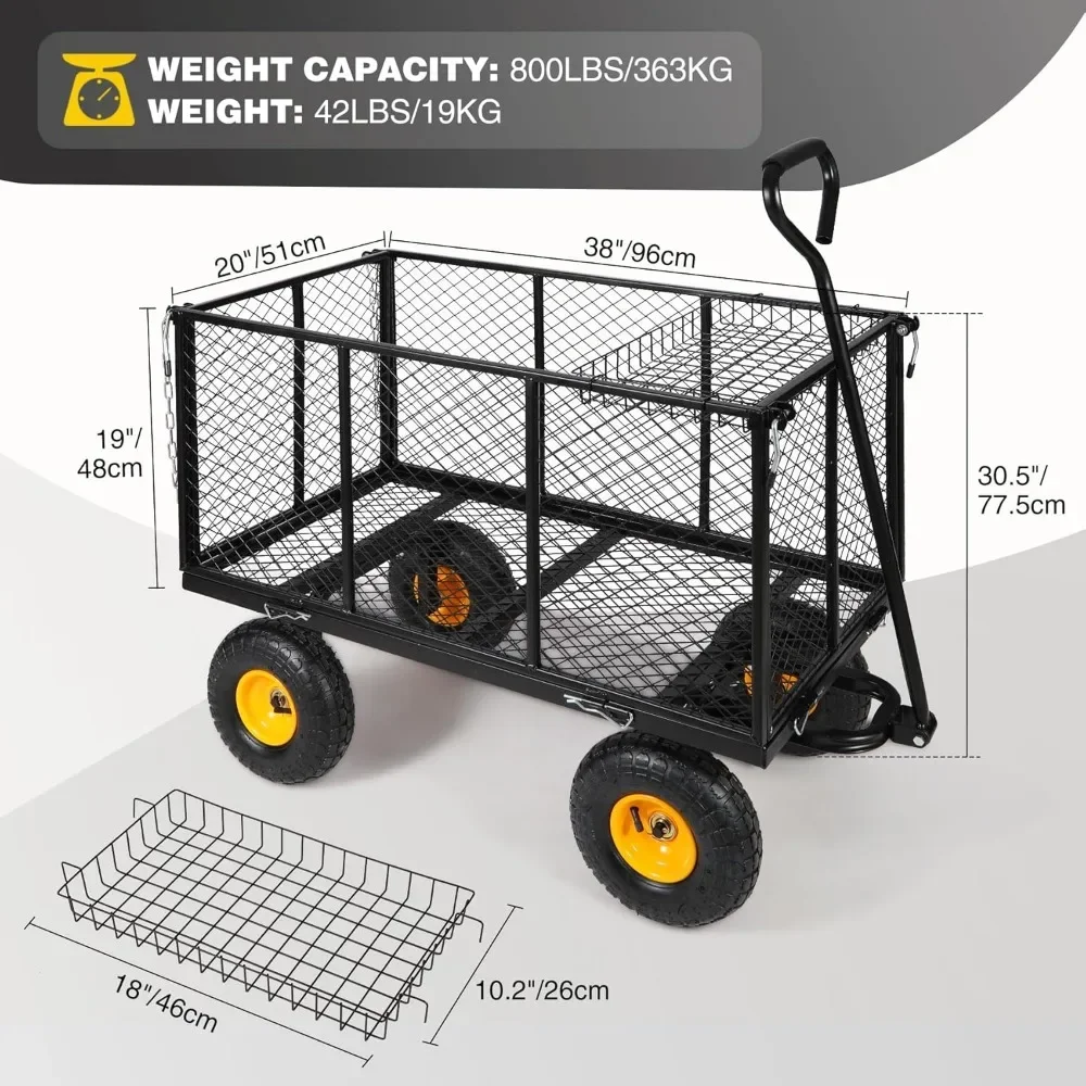 Garden Carts 800 Lbs Capacity Utility Mesh Iron Garden Wagons With Removable Sides Cargo Trolleys Multi-purpose Cart With Wheels