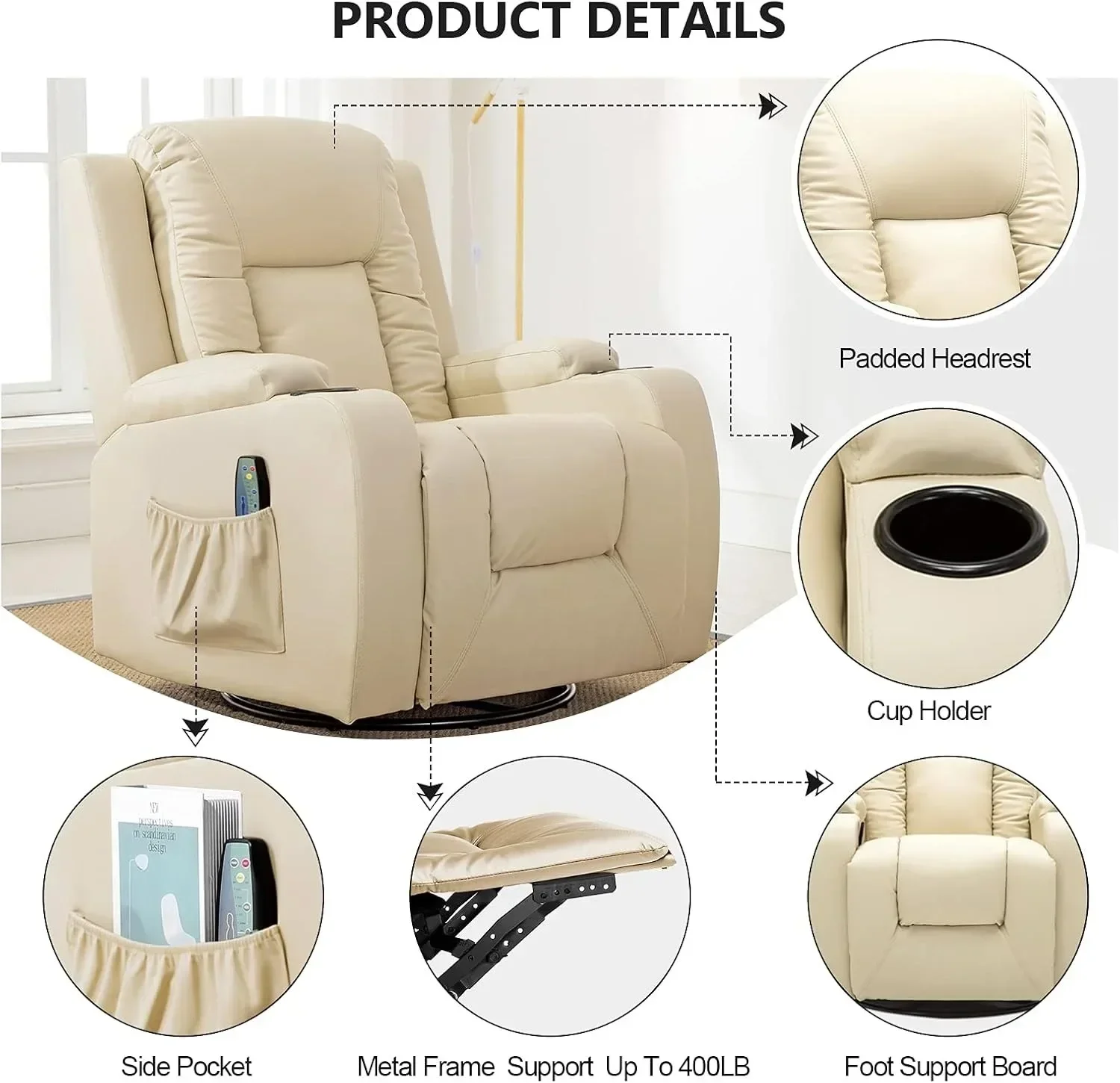 Recliner Chair PU Rocking Chair for Adults Swivel Recliner Massage Single Sofa Seat Side Pockets Living Room Bedroom massage chair single sofa