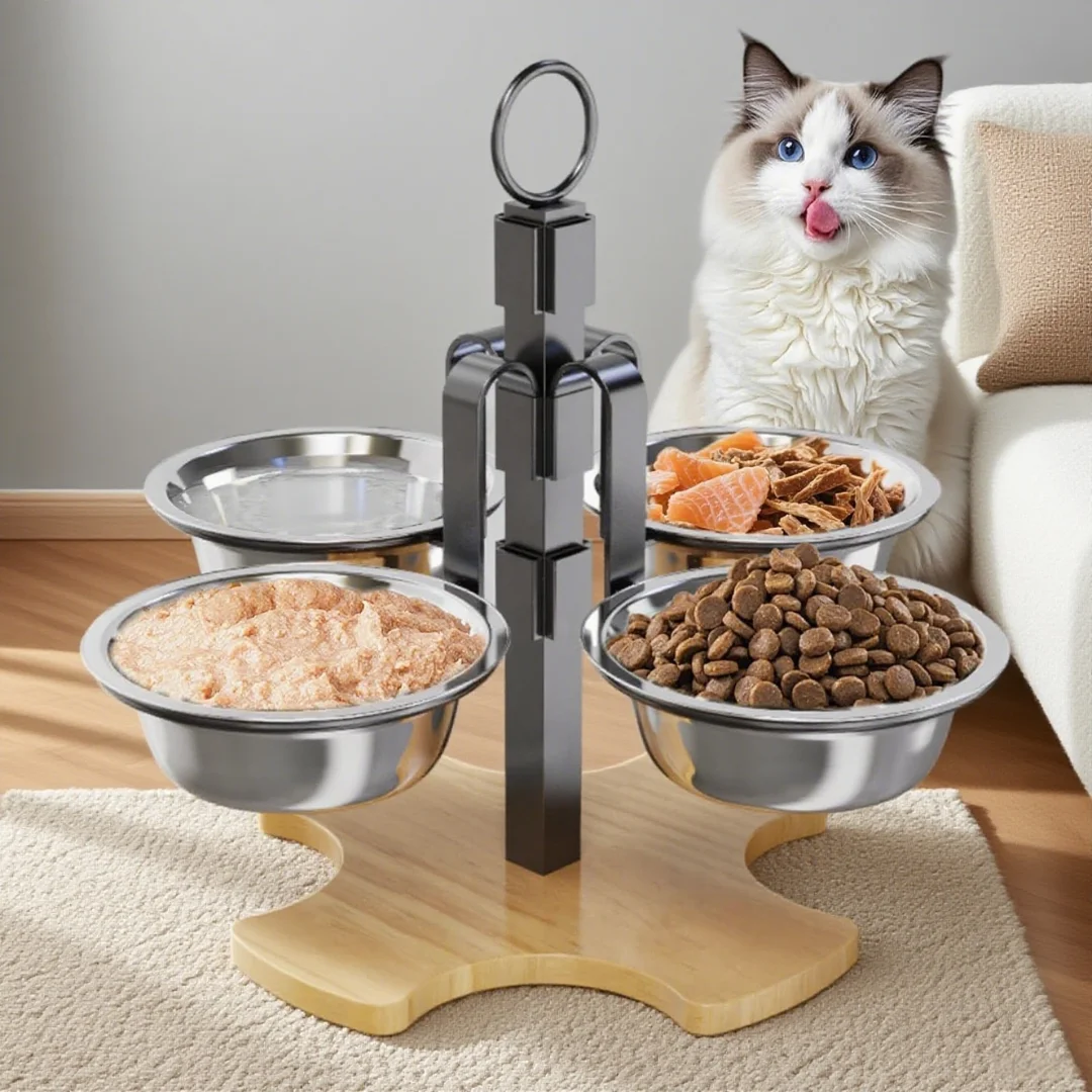 Mangeoire Réglable Pour Chien Avec 2 Gamelles Inox Et Support - Noir 44x24x35cm