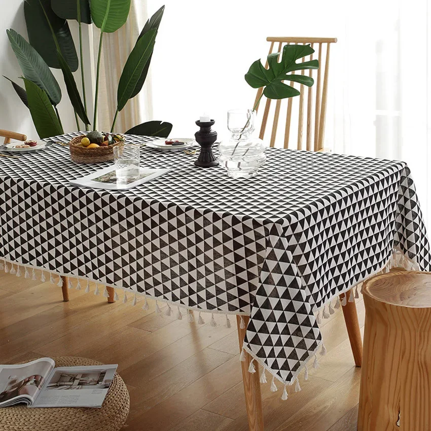 

European Style Geometric Tablecloth Cotton Linen with Tassel Household Dustproof Cloth Coffee Dining Table Desk Decoration