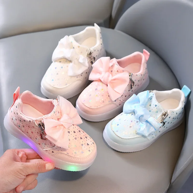 LED Girls Shoes Girls Cute Bow Kids Sneakers Fashion Luminous Sole Children Casual Shoes Zipper Student Walking Shoes Кроссовки 4