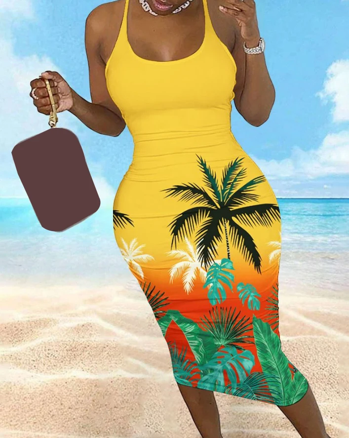 

Womens Dresses 2024 Summer Fashion Print Sexy Fishnet Backless U-Neck Sleeveless Casual Bodycon Midi Daily Vacation Dress