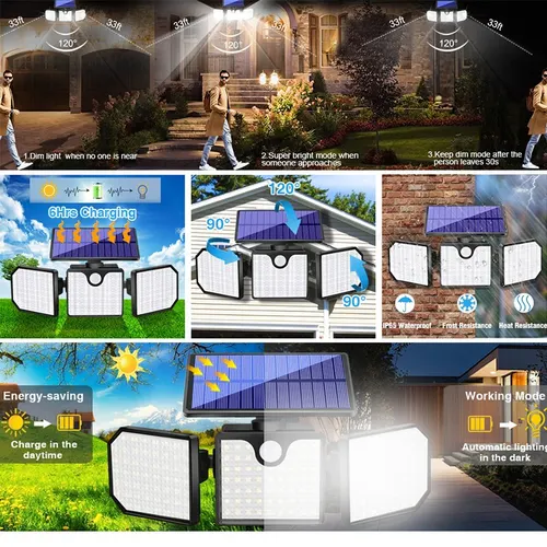 태양광 벽 램프 가로등, 야외 방수 인체 적외선 센서 램프, 정원 램프, 230LED 투광 조명, 1PC 4