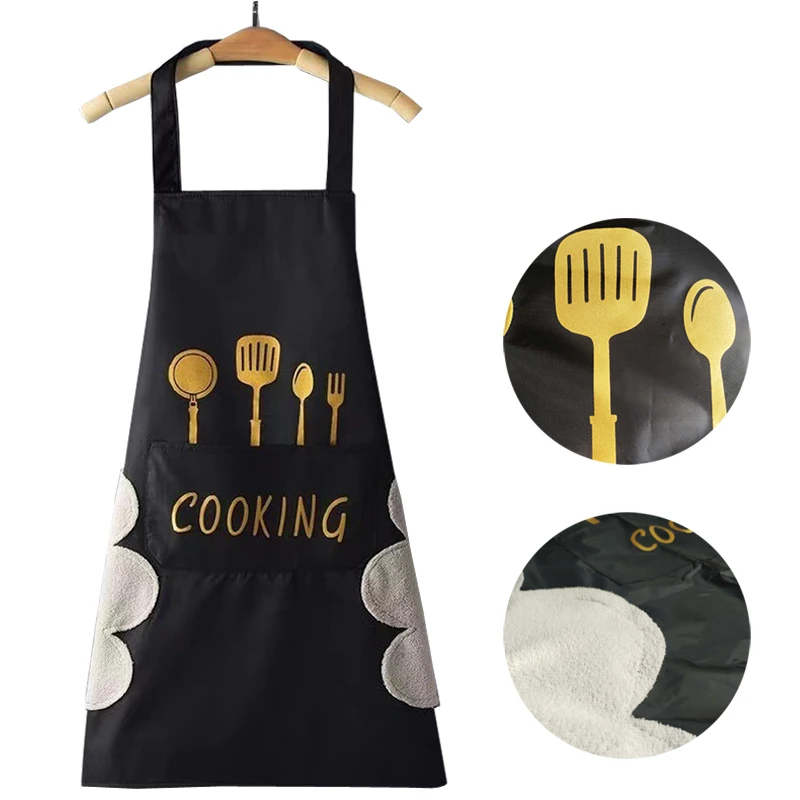 

Kitchen Cooking Apron For Women Men Restaurant Waiter Chef Waterproof Oilproof Aprons With Hand-Wipe Black Bibs Gift Wholesale