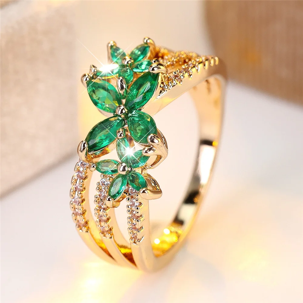 Female Cute Stars Green Zircon Stone Gold Color Wedding Jewelry Promise Engagement Flower Rings For Women