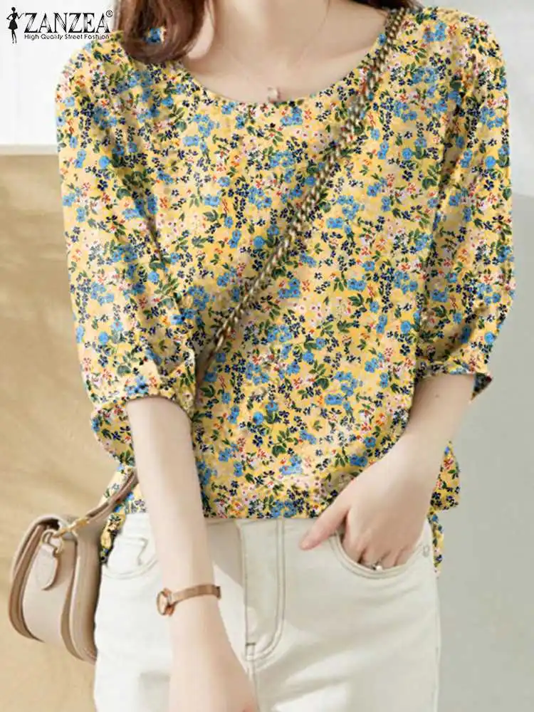 Myaza Women's Floral Print Cotton Tunic Top - Long Casual Blouse