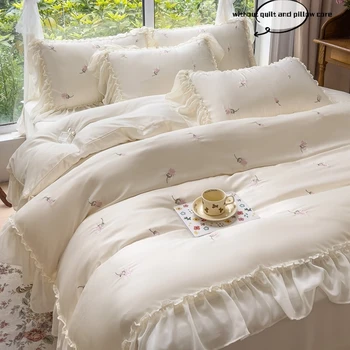 Parure de lit élégante avec broderie de roses, ensemble de housse de couette en dentelle (1 * housse de couette + 2 * taie d'oreiller, sans noyau), pour chambre à coucher et chambre d'amis, 3 pièces 1