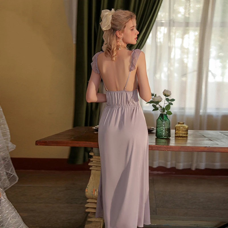 IRENE TINNIE New Women Sexy Sleepwear V-Neck Lace Female Nightdress Purple Homewear Nightgown Long Pajama Bifurcation Nightwear