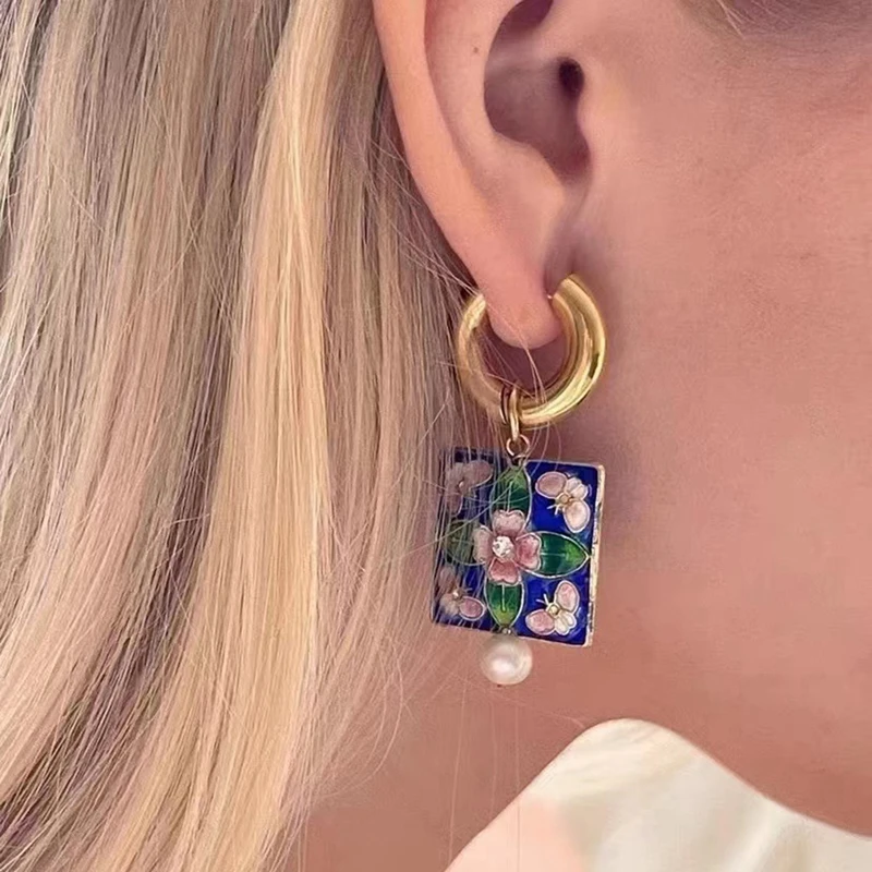 Heart Rose Enamel Hoop Earrings Colorful Flower Cloisonne Beads Baroque Pearl Asymmetric Statement Earrings Vintage Jewelry