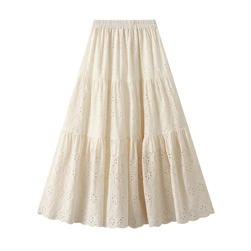 Women's skirts for spring and summer in French style, embroidered high-waisted hollow women's skirt, casual elegant A-line.