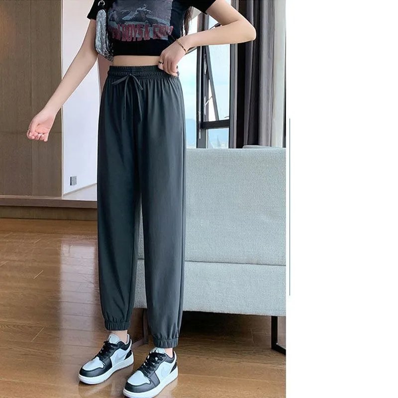 Spring Summer Women's Solid High Waist Pockets Elastic Casual Lantern Loose Harlan Trousers Preppy Style Drawstring Pants