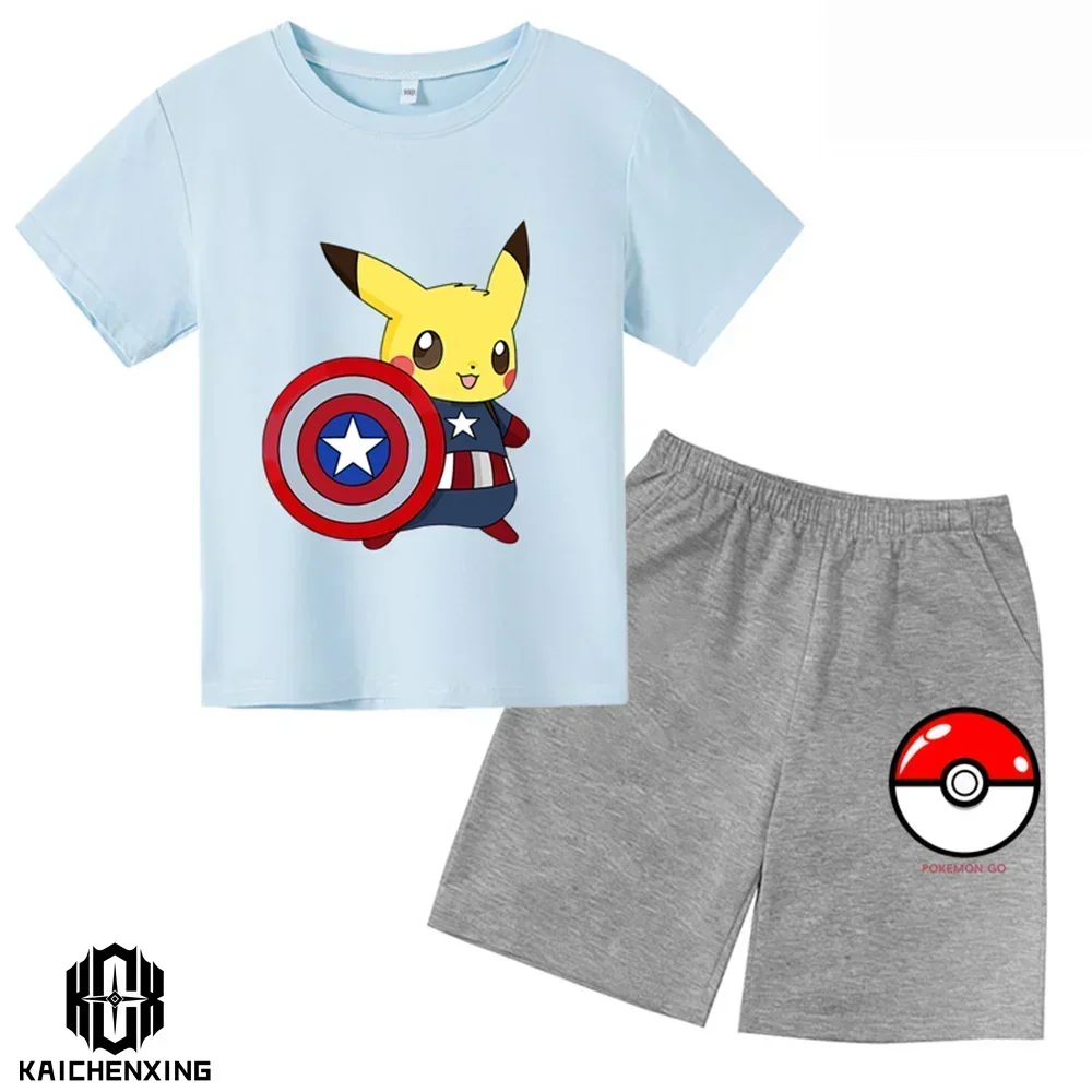 Letnia moda Pokemon t-shirt + spodnie zestawy dwuczęściowe dla dzieci ubranka dla dzieci harajuku Baby Boys Pikachu spodenki rękaw
