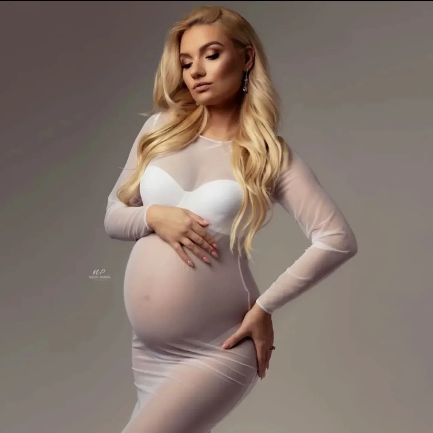 

See Through Stretchy Mesh Maternity Photography Dresses Full Sleeve Boat Neck Pregnancy Photo Shoot Long Dress