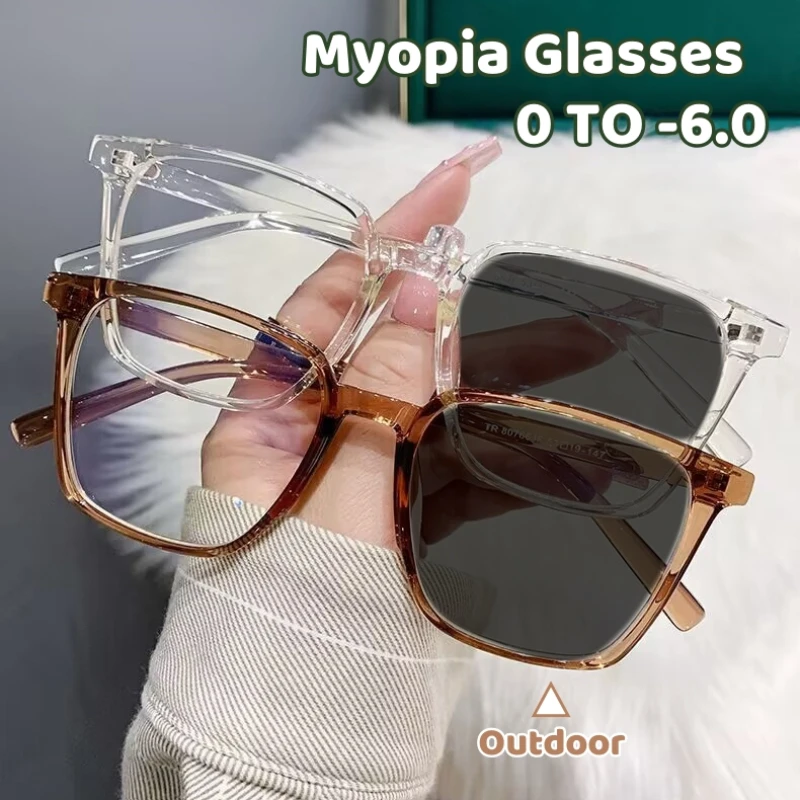 

New Anti-blue Photochromic Myopia Finished Glasses Square TR Color Change Near Sight Glasses Optical Spectacle Eyeglass