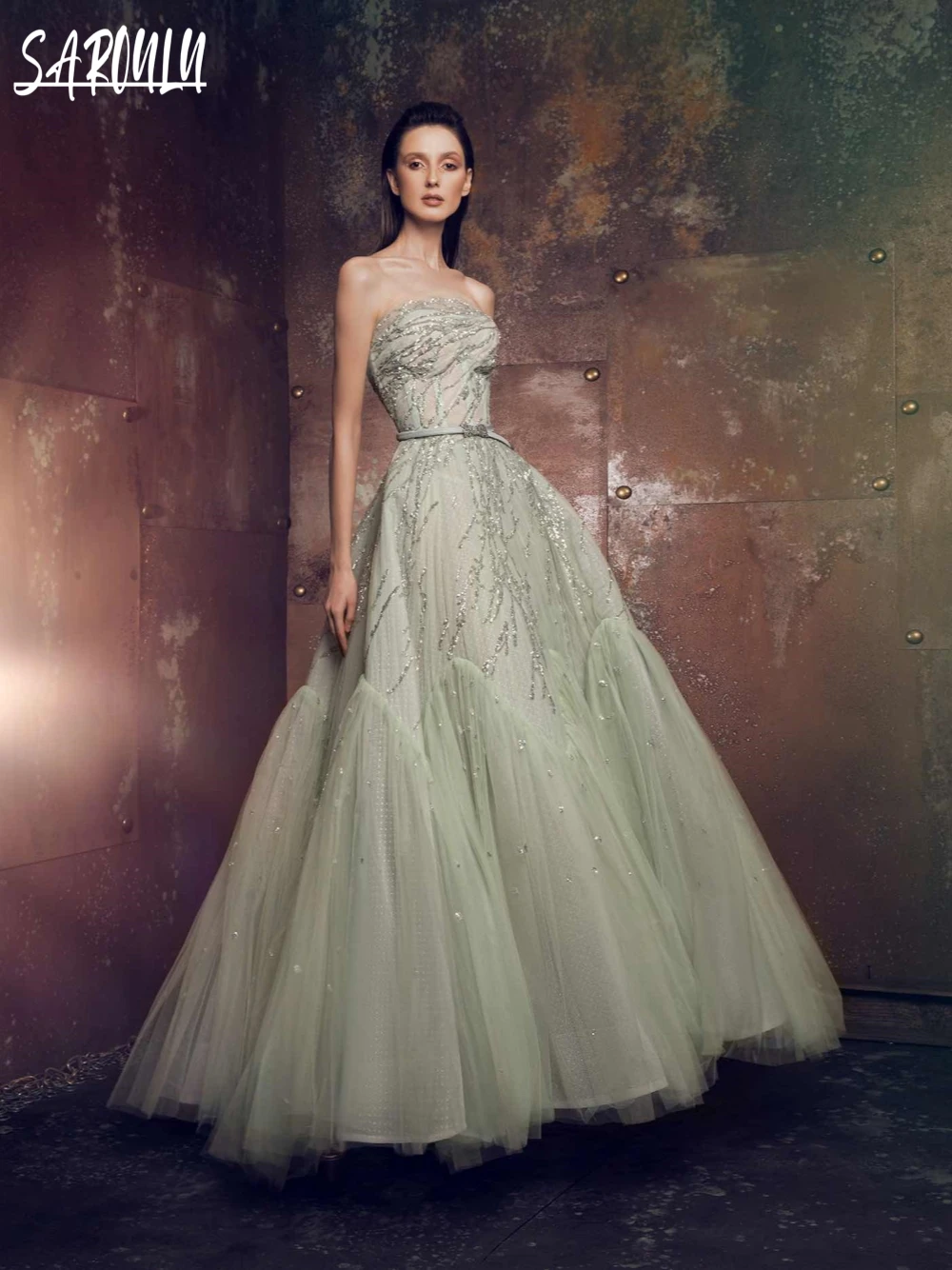 

Green Strapless Evening Dress Beaded Sequins A-line Bride Robe Sparkly Floor-length Bridal Dresses Vestidos De Novia