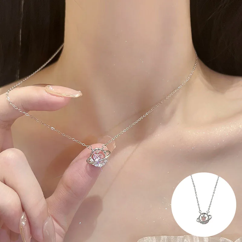 

100% 925 Sterling Silver Pink Zircon Love Heart Necklace for Women Girl Fashion Planet Design Jewelry Party Gift Dropshipping