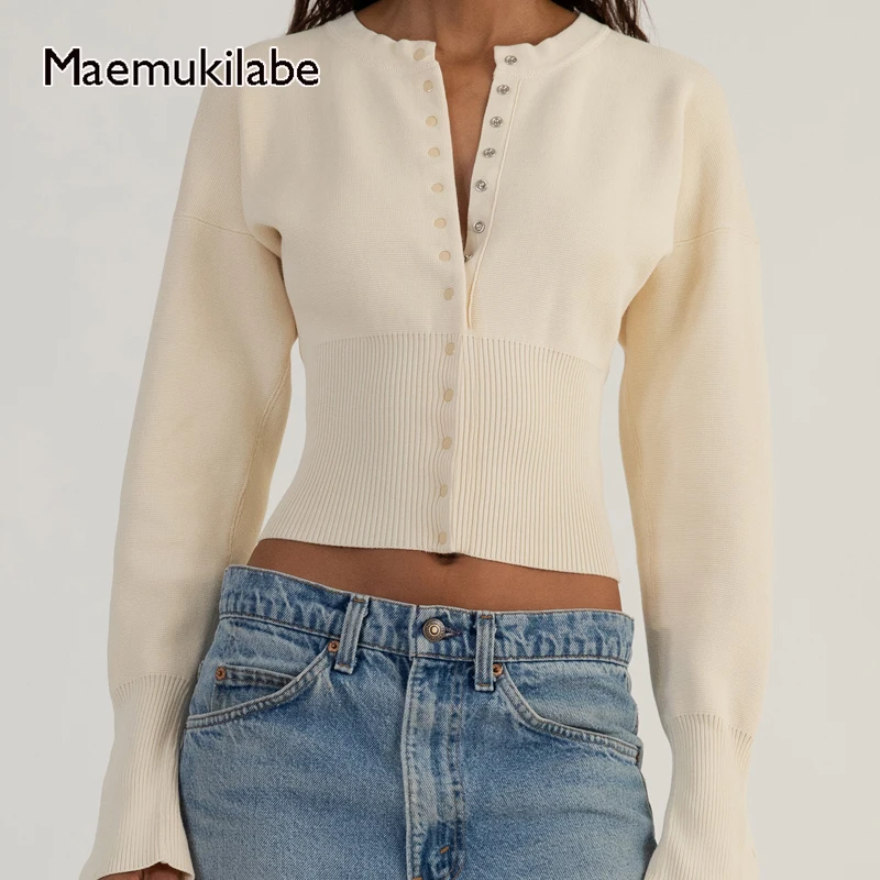 

Maemukilabe Women Elegant Knit Cardigan Autumn Long Sleeve Button Closure Ribbed Jacket Sweater 90s Vintage Slim Fit Crop Coat