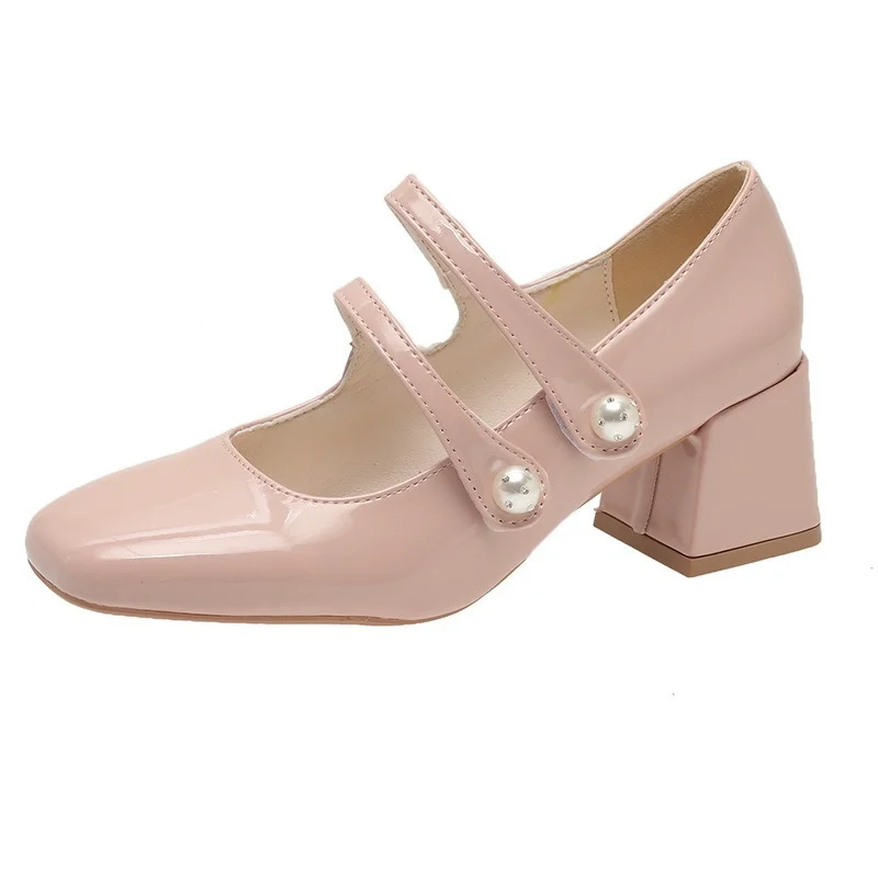 Retro Square Toe Chunky Heel Mary Janes Shoes Gentle Style High-heels Buckle Strap Womens Pumps French Fashion Leather Shoes