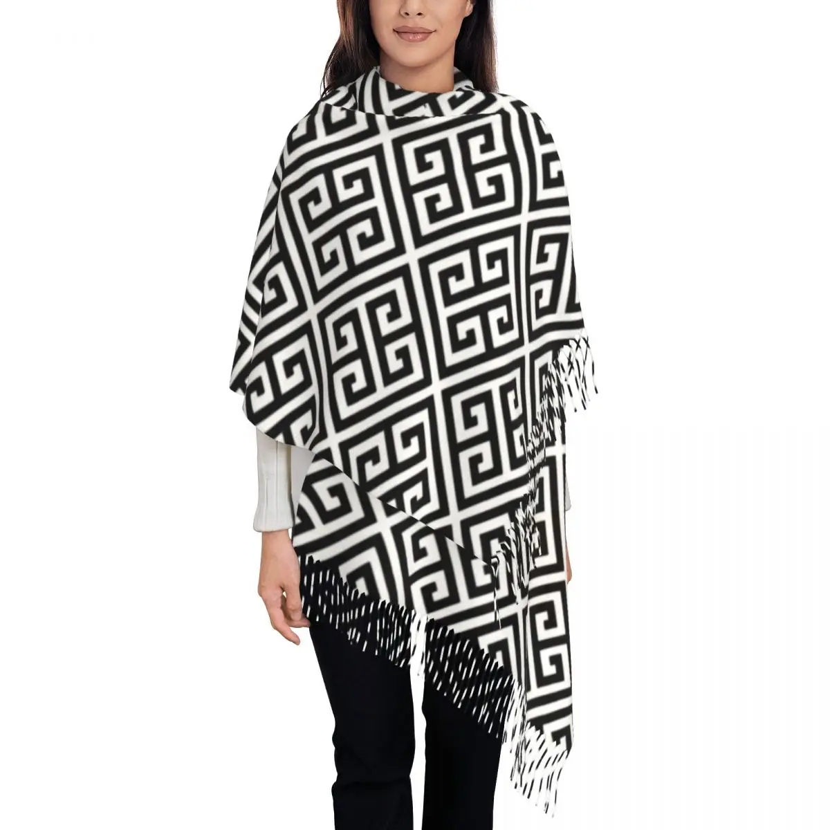 

Fashion Greek Meander Black And White Design Tassel Scarf Women Winter Fall Warm Shawl Wrap Female Scarves