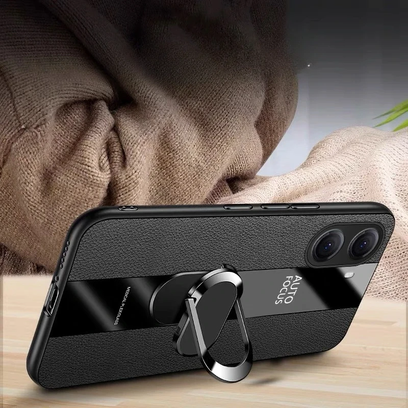Plexiglass PU Leather Phone Case with Magnetic Metal Ring Stand - Shockproof Protective Back Cover