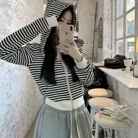 Slim Fit Student Jaet Women's Spring Autumn Striped Sweatirt Devil Horn Open Cardigan ort Sle Trendy Slimming Versati...