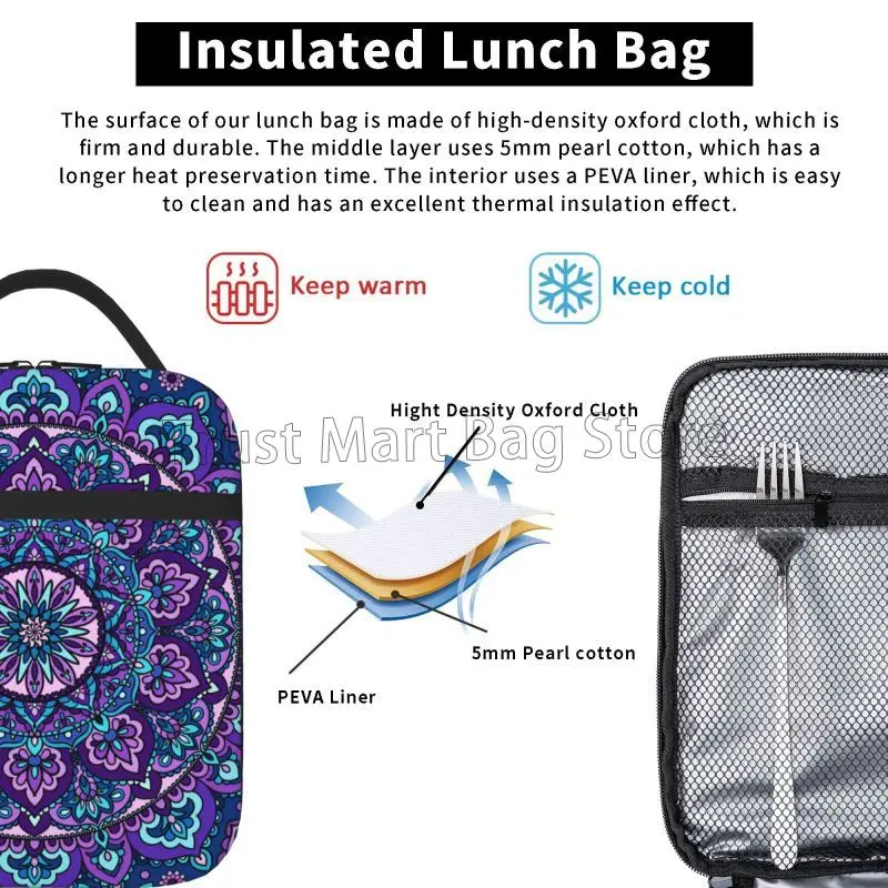 Boho Blue Mandala Retro Floral Insulated Lunch Bag Reusable Waterproof Lunch Box Thermal Cooler Tote Bag for Work Travel Picnic