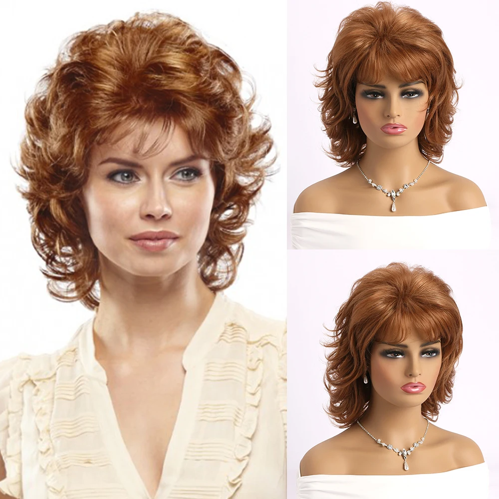 

Women's Fashion Synthetic Hair Short Curly with Bangs Shoulder Length Brown Daily Party Wig for Mommy Natural As Real Hair