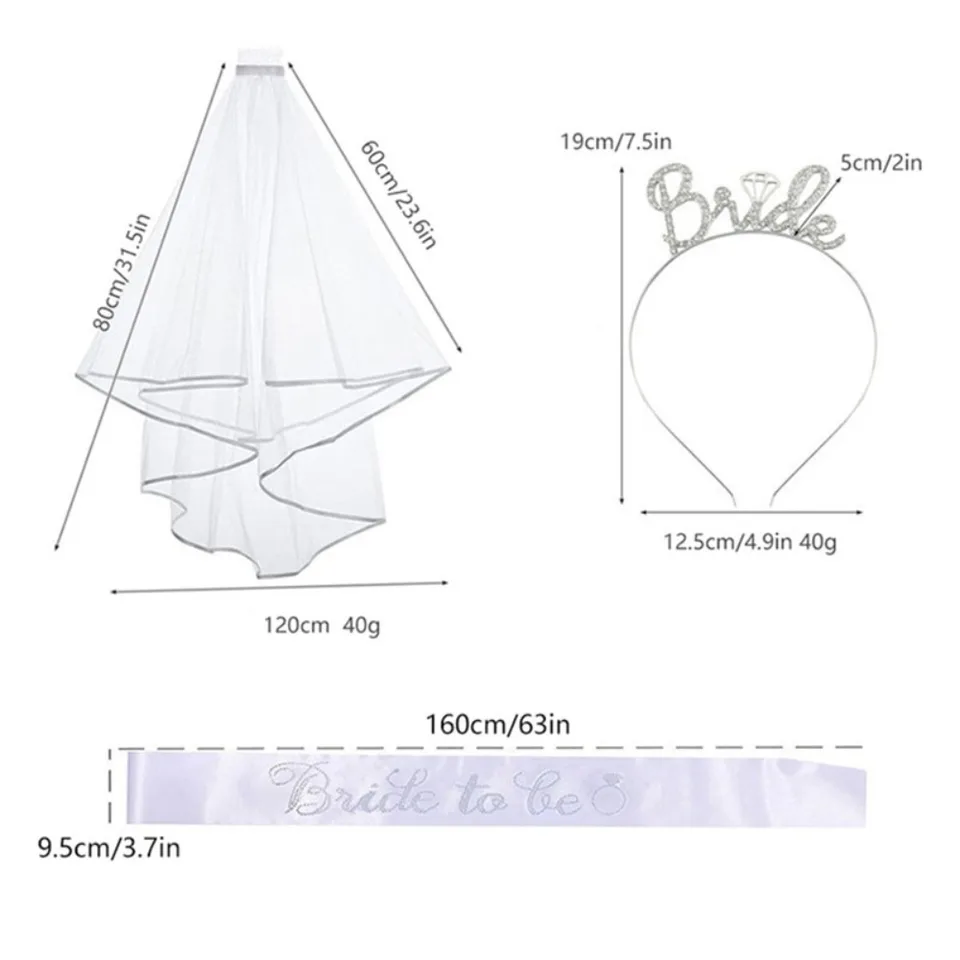 JETKONG Set Addio Al Nubilato 3 Pezzi Argento - Corona 'BRIDE' Con Cristalli, Fascia 'Bride To Be' In Raso E Velo In Tulle, Accessori E Bomboniere Per Feste - 5
