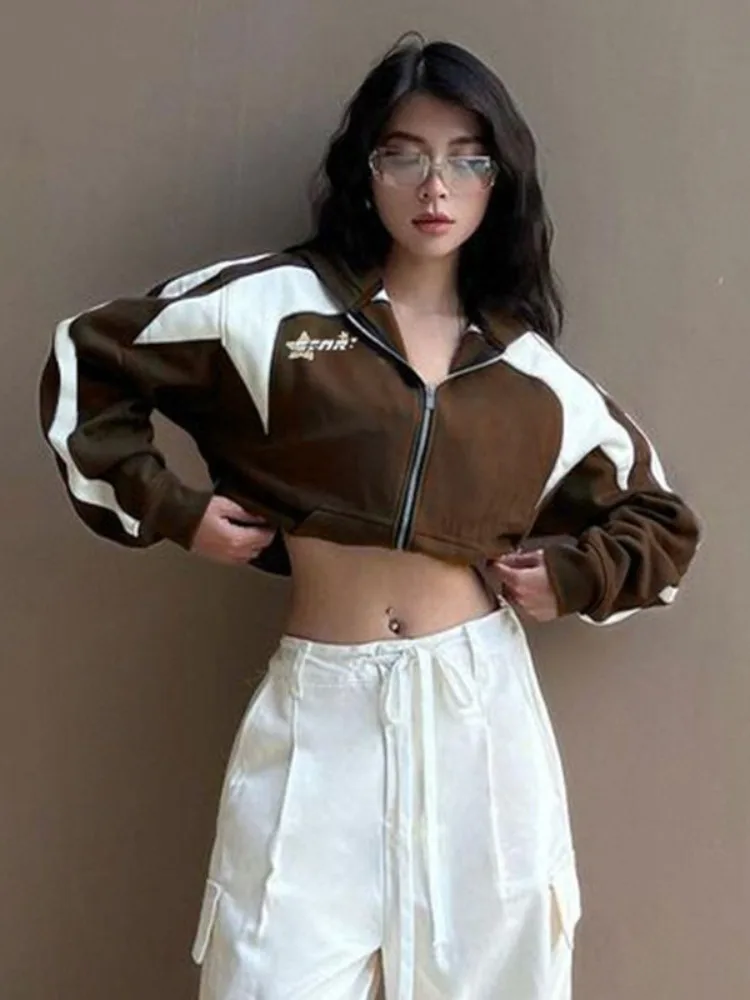

ADAgirl Patchwork Zip Up Hoodies Sport Streetwear Long Sleeve Crop Top Sweatshirts for Women Maillard Reaction Kpop Clothes New