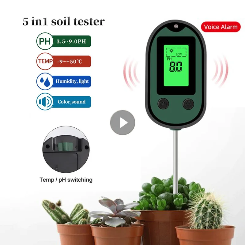 

5 In 1 Digital Soil Tester Soil PH Monitor Temperature Moisture Meter Soil Detector Sunlight Tester For Gardening Plants Farming