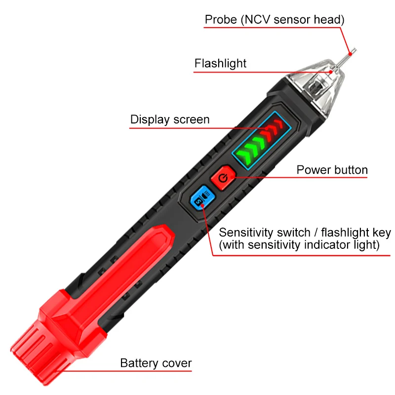 탑포르자 비접촉식 전압 테스터 펜, 듀얼 레인지 12V-1000V AC 전압 감지기 (플래시라이트 포함)