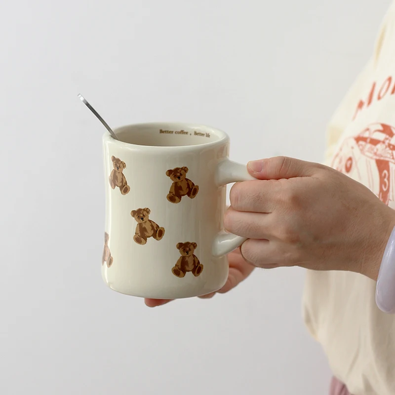 

Кофейная чашка с милым медведем, бежевая керамическая кружка для молока и чая, винтажная керамика, латте, посуда для напитков, домашний декор, подарки для любителей медведей