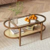 Rattan Coffee Table, 2-Tier Oval Acacia Wood Tea Table w/Tempered Glass Tabletop & PE Rattan Storage Shelf, Boho Cocktail Tables 1