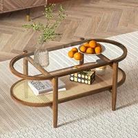 Rattan Coffee Table, 2-Tier Oval Acacia Wood Tea Table w/Tempered Glass Tabletop & PE Rattan Storage Shelf, Boho Cocktail Tables 1