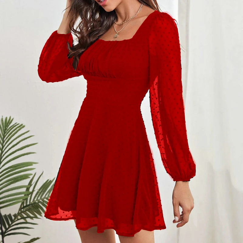 

Женские черные шифоновые платья QINJOYER, ТРАПЕЦИЕВИДНОЕ ПЛАТЬЕ-пуловер с длинным рукавом, элегантное французское платье с квадратным воротником, женское платье